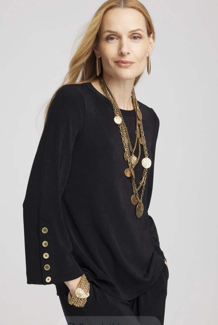 Chicos Tunic Top 4 XXL Black Slinky Knit Bell Sleeve Gold Buttons Career